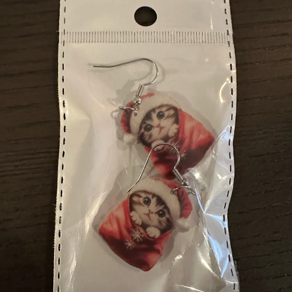 Cute Christmas Cat Santa Hat Stocking Flat Acrylic Dangle Drop Earrings